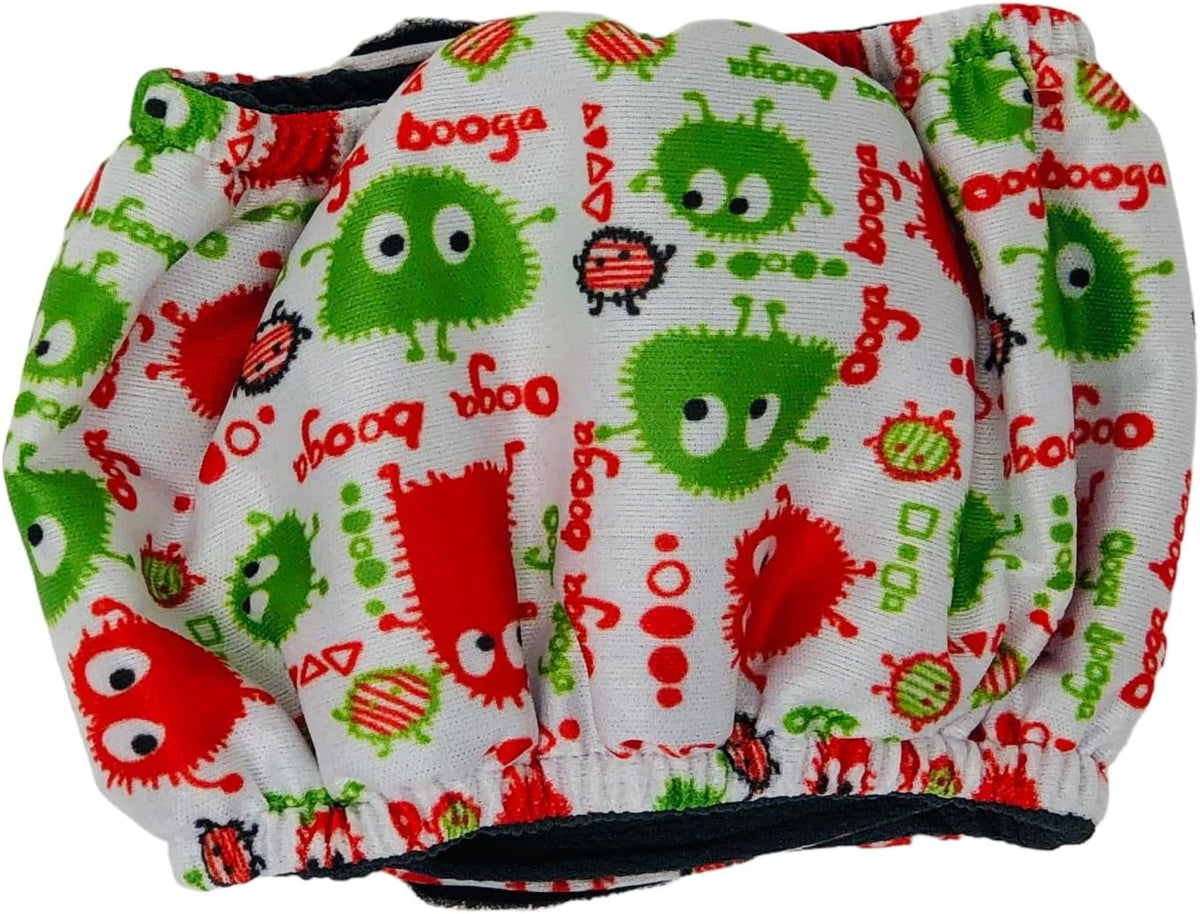 Barkertime imported male dog wrap featuring colorful monster pattern fabric