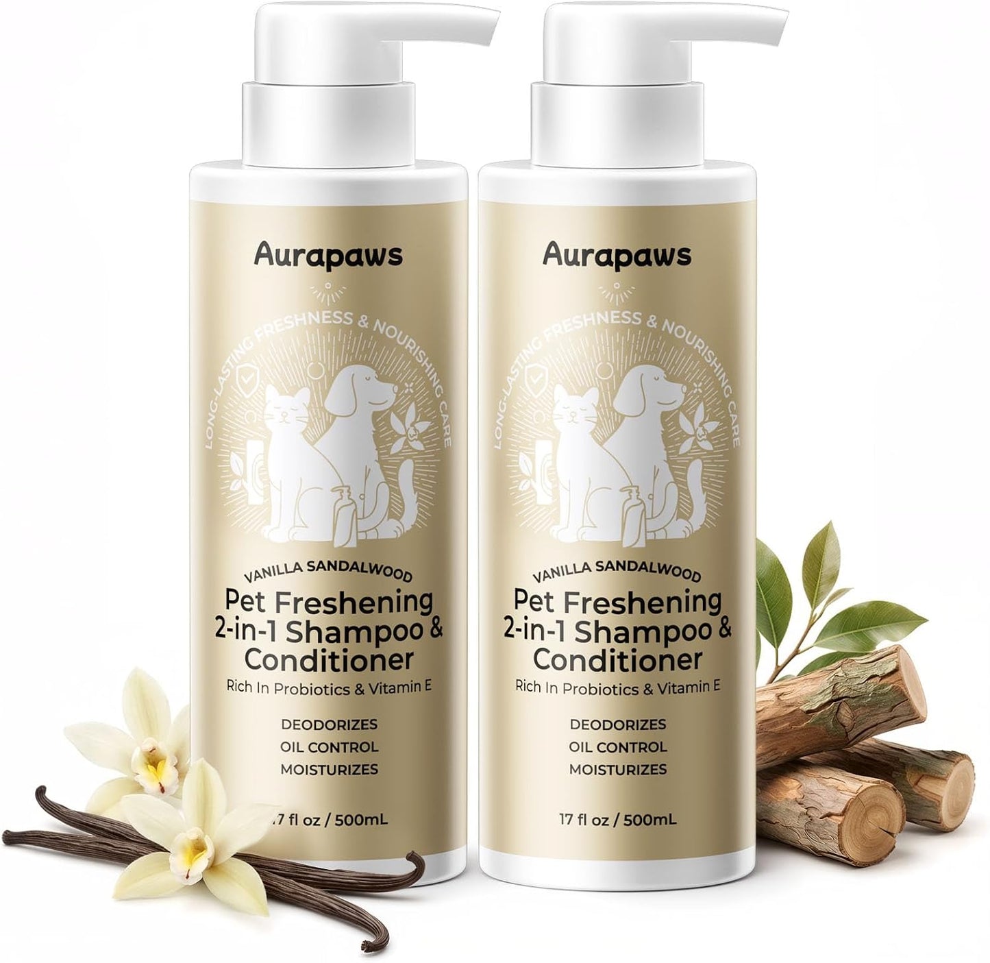 Aurapaws Probiotic Dog Shampoo and Conditioner Set front view showing two pump bottles.