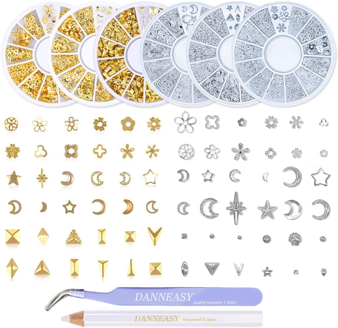 DANNEASY 3D nail charms metal studs kit front view showcasing six assorted wheels of gold and silver shapes
