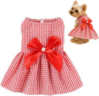 OTKARXUS dog dress front view featuring bright red and white gingham pattern with a large red satin bowknot