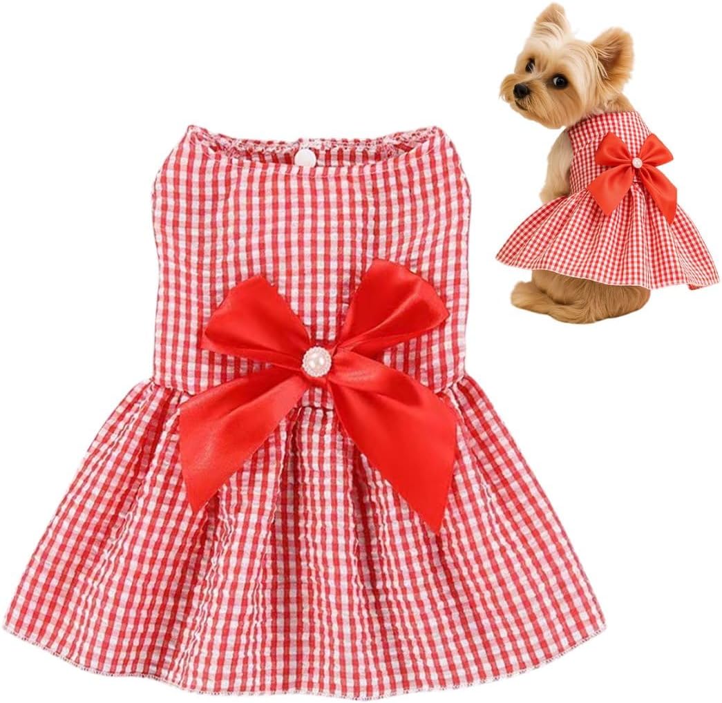 OTKARXUS dog dress front view featuring bright red and white gingham pattern with a large red satin bowknot