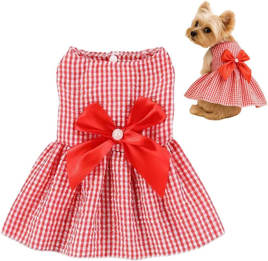 OTKARXUS dog dress front view featuring bright red and white gingham pattern with a large red satin bowknot
