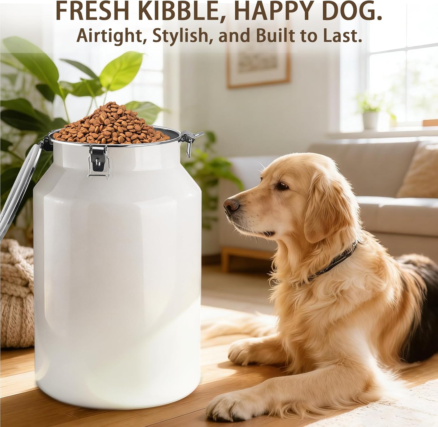 Stainless steel scoop with walnut handle included with pet bin