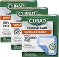 Curad Super Absorbent Wound Pad medium packaging front view showcasing high absorbency benefits.