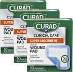 Curad Super Absorbent Wound Pad medium packaging front view showcasing high absorbency benefits.
