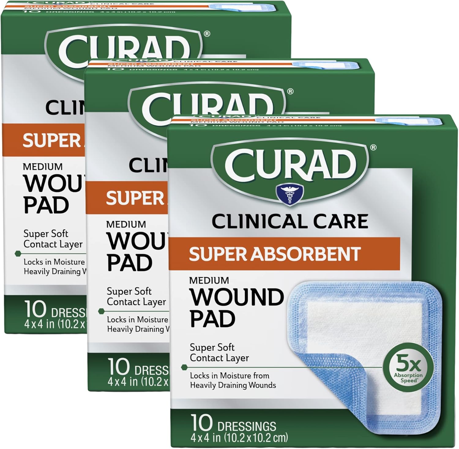 Curad Super Absorbent Wound Pad medium packaging front view showcasing high absorbency benefits.
