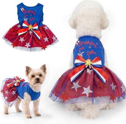 Habbiful fourth of july dog outfit front view featuring patriotic blue shirt and red star tutu skirt