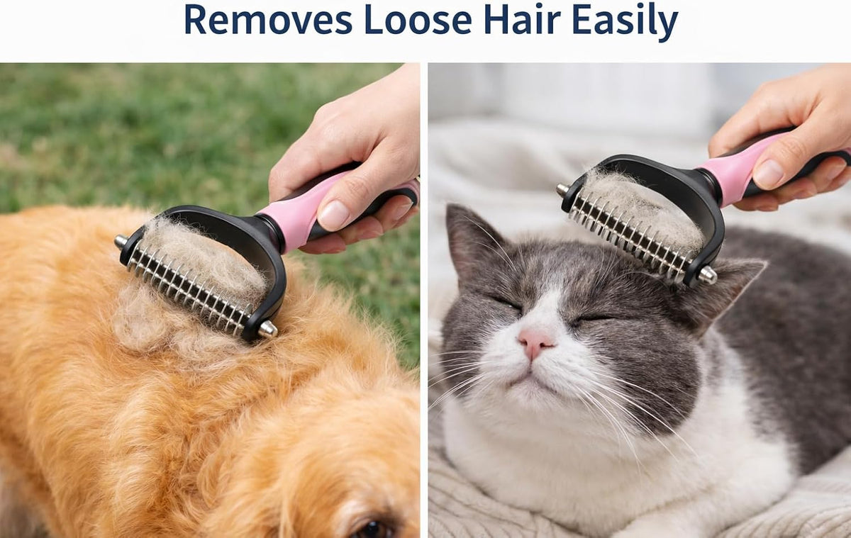 Grooming tool removing loose hair from a cat