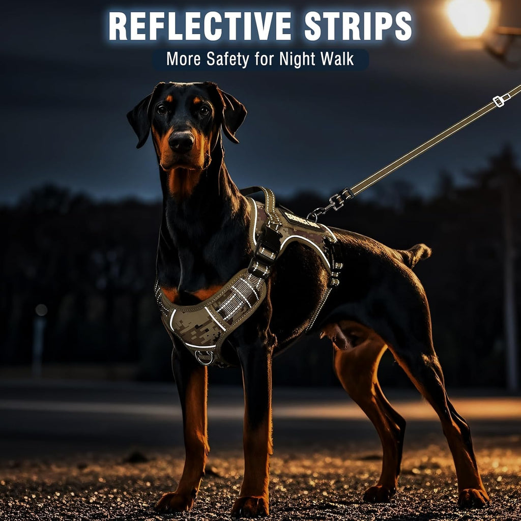 Moogrou desert camo tactical pet harness system on a large golden retriever breed