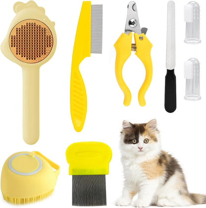 VCZONE 8 Pcs Cat Brush Grooming Kits, Pet Self Cleaning Kit with Pet Nail Clipper and File, Flea Comb, Pet Shampoo Bath Brush, Pet Shedding Brush, Silicone Toothbrush (Pink) - Image 9