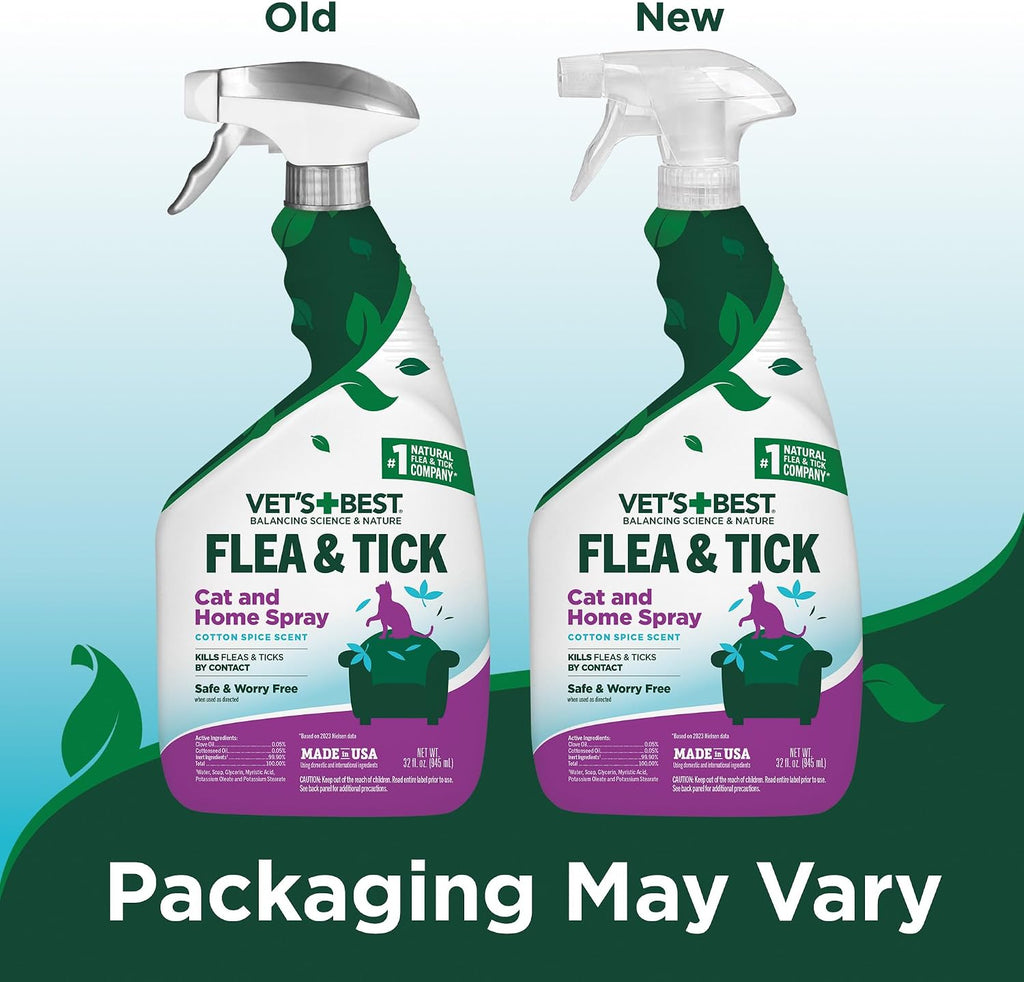 Plant-based flea and tick cat spray bottle showcasing the cotton spice scent description.