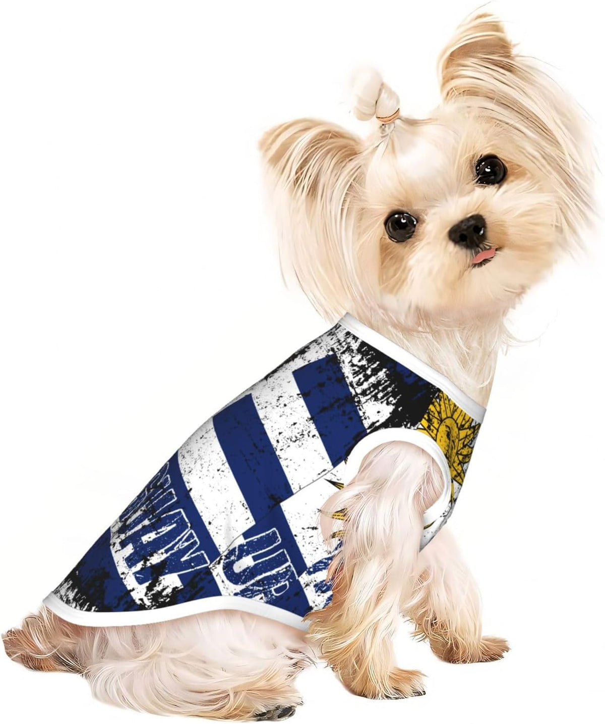 Small dog wearing red Uruguayan pride cotton tank top