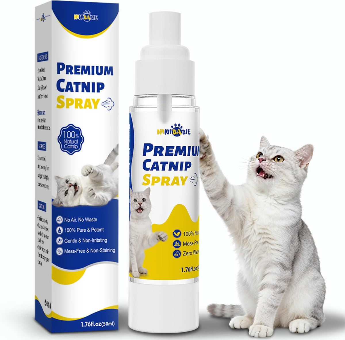 Ninibabie premium catnip spray bottle front view for indoor cat training.