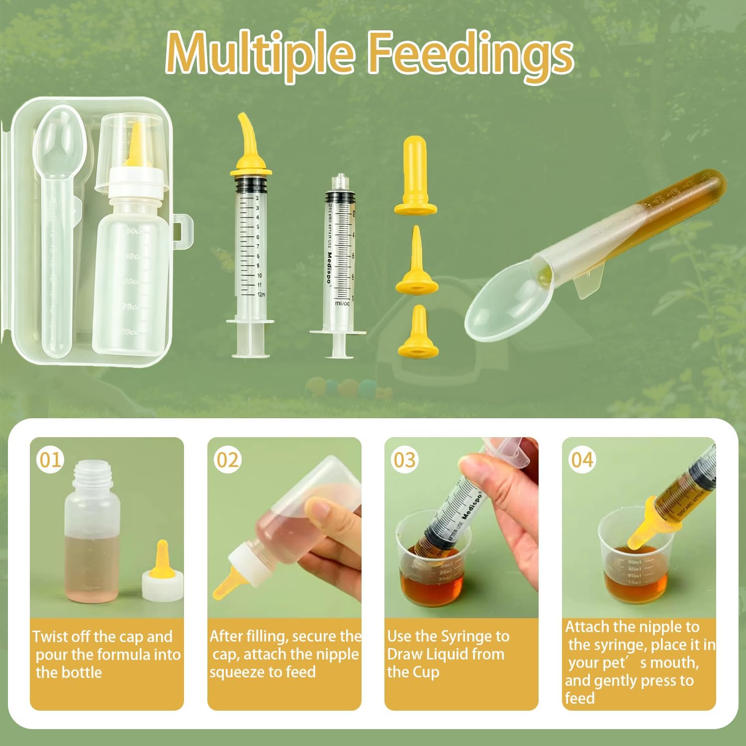 Hand holding the LogFaadCoi elbow design feeding syringe to demonstrate safe nursing angles for small puppies.