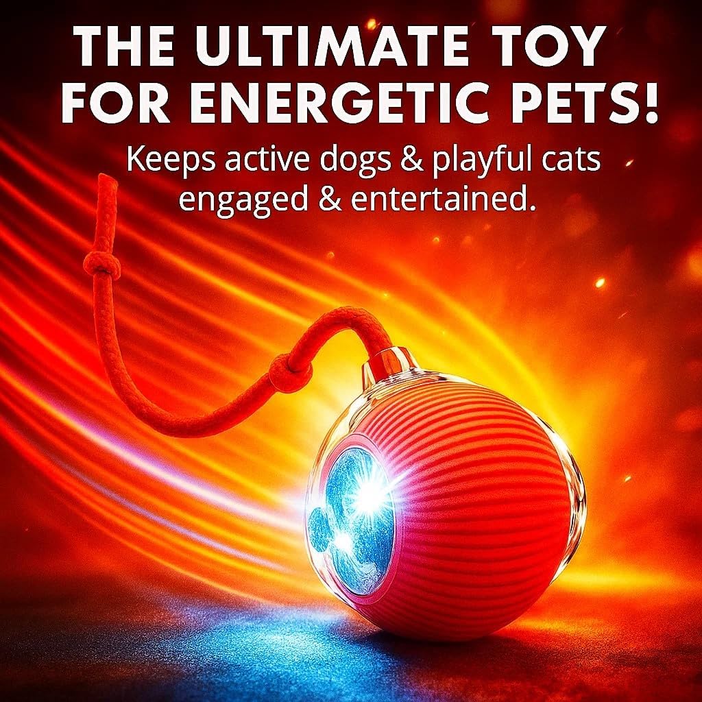 Small dog playing with interactive toy ball with rope