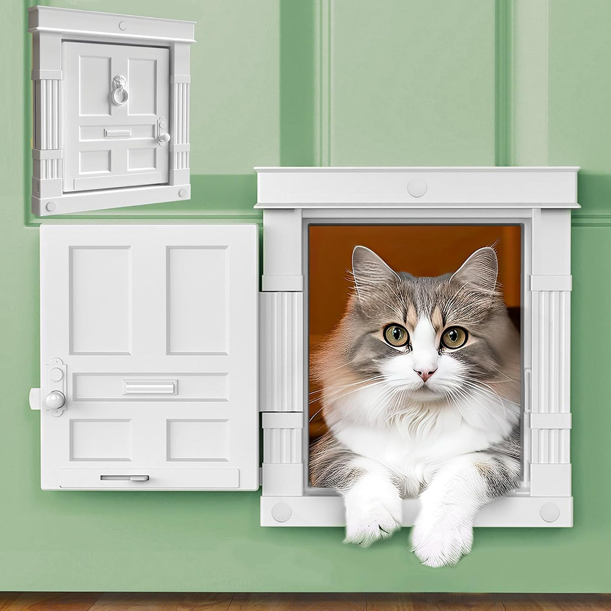 Packaging box of the Purrfect Portal Beacon Hill premium interior cat door showing included mounting hardware.