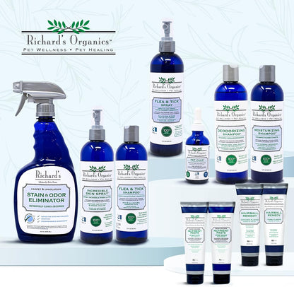 Back label of Richard's Organics flea and tick spray with ingredients