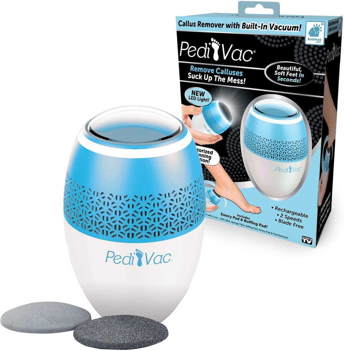 PediVac Electric Callus Remover front view showing white and blue design.