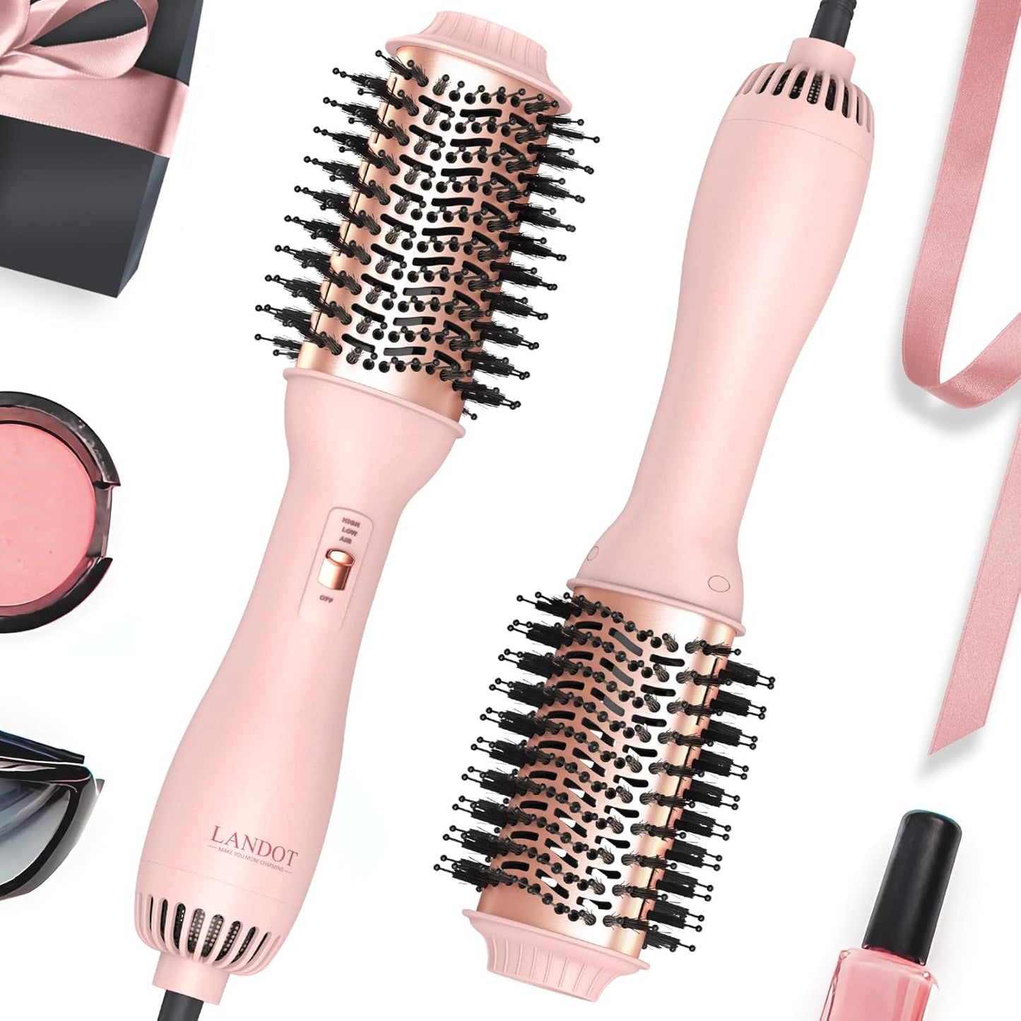 LANDOT One Step Hair Blow Dryer Brush front view showcasing the black 60mm oval barrel and premium nylon bristles