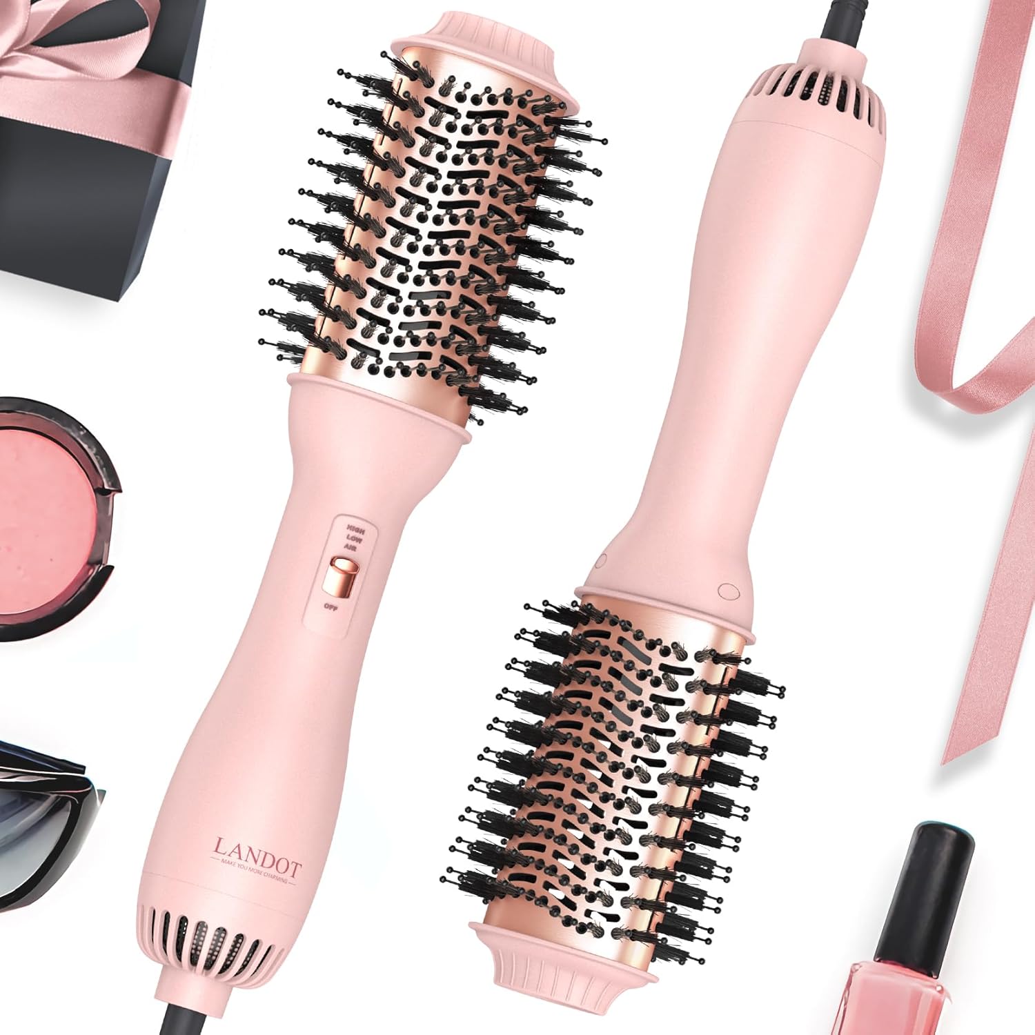 LANDOT One Step Hair Blow Dryer Brush front view showcasing the black 60mm oval barrel and premium nylon bristles