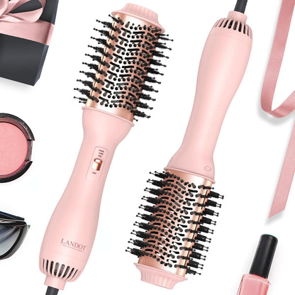 LANDOT One Step Hair Blow Dryer Brush front view showcasing the black 60mm oval barrel and premium nylon bristles