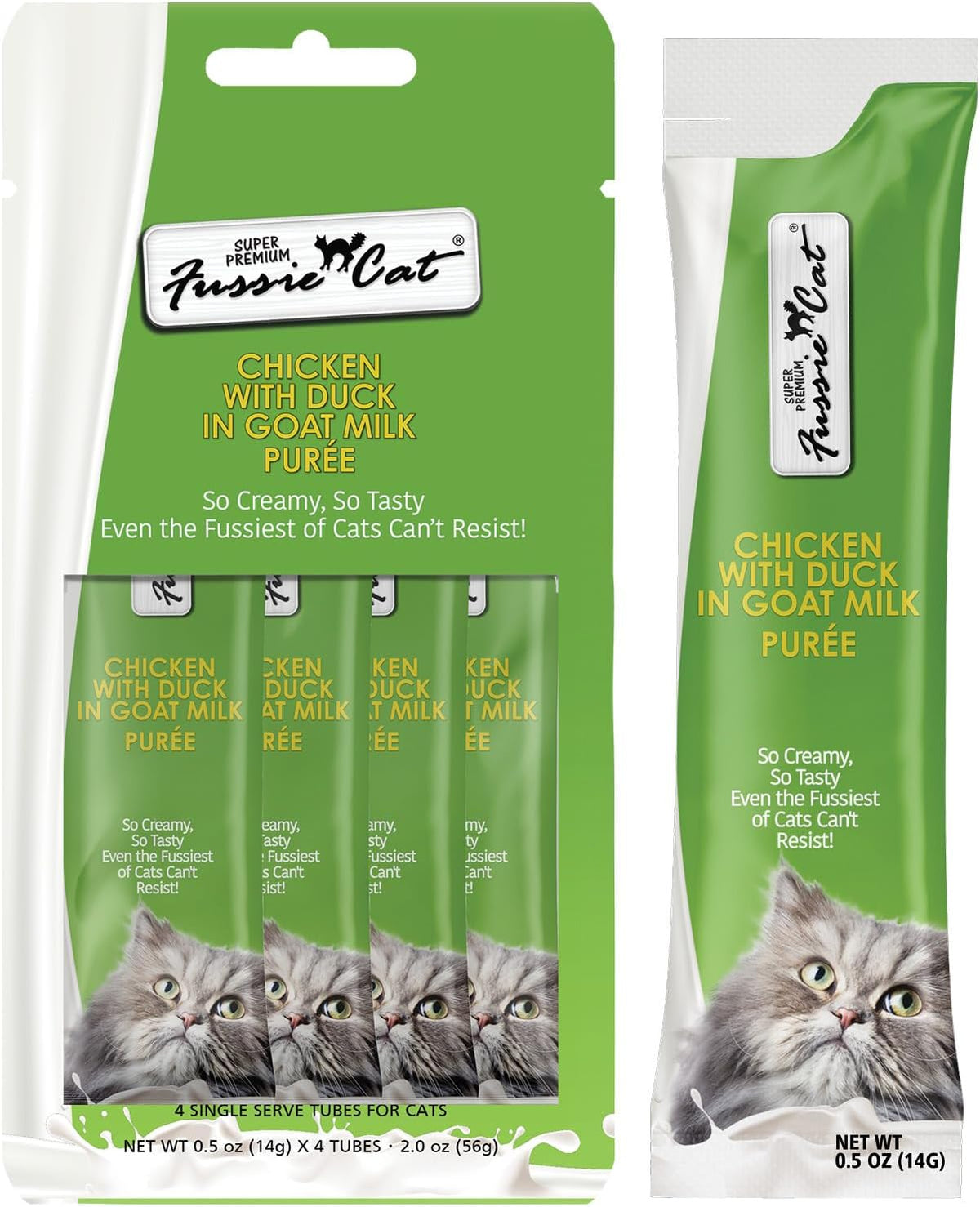 Healthy goat milk based cat treat puree by Fussie Cat