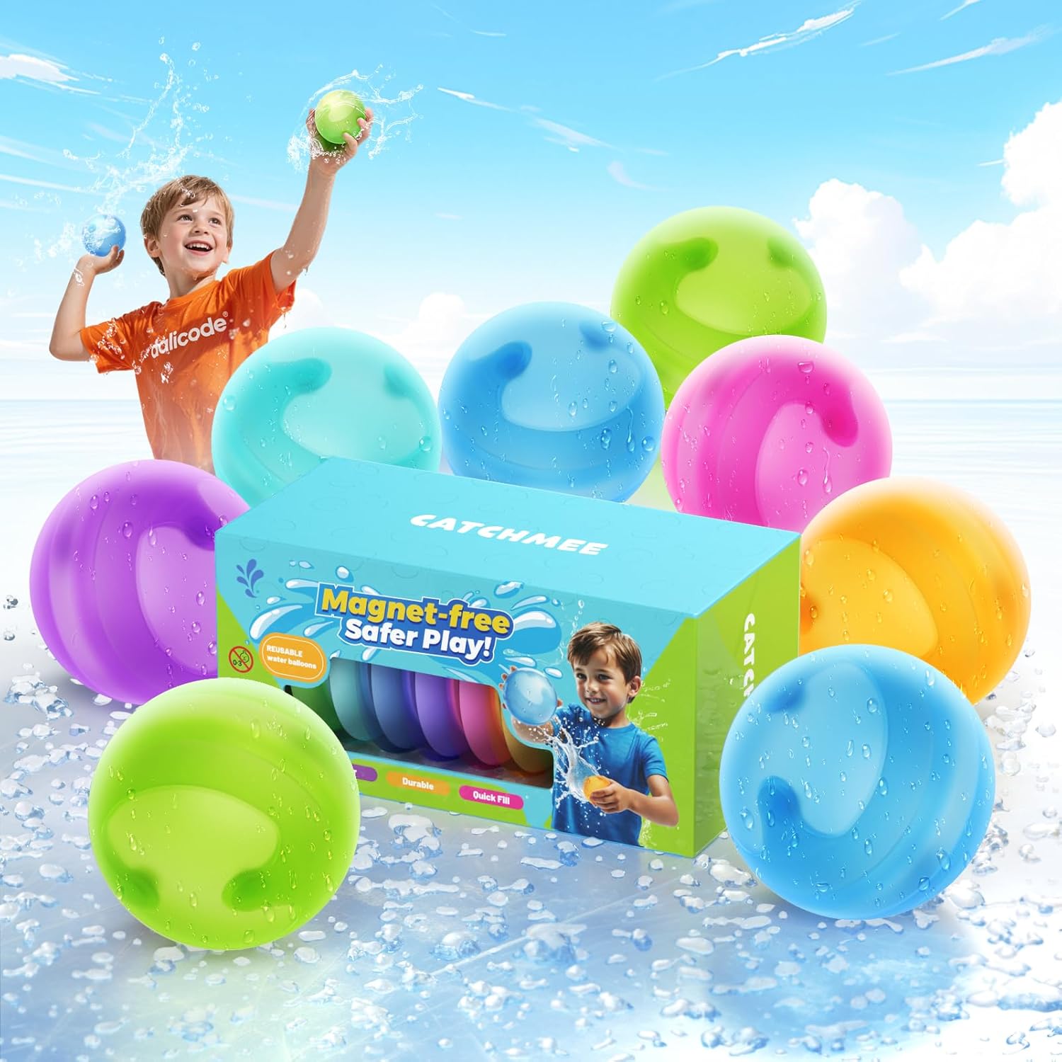 Dalicode reusable water balloons front view showing 7 rainbow color silicone splash balls for kids pool games.