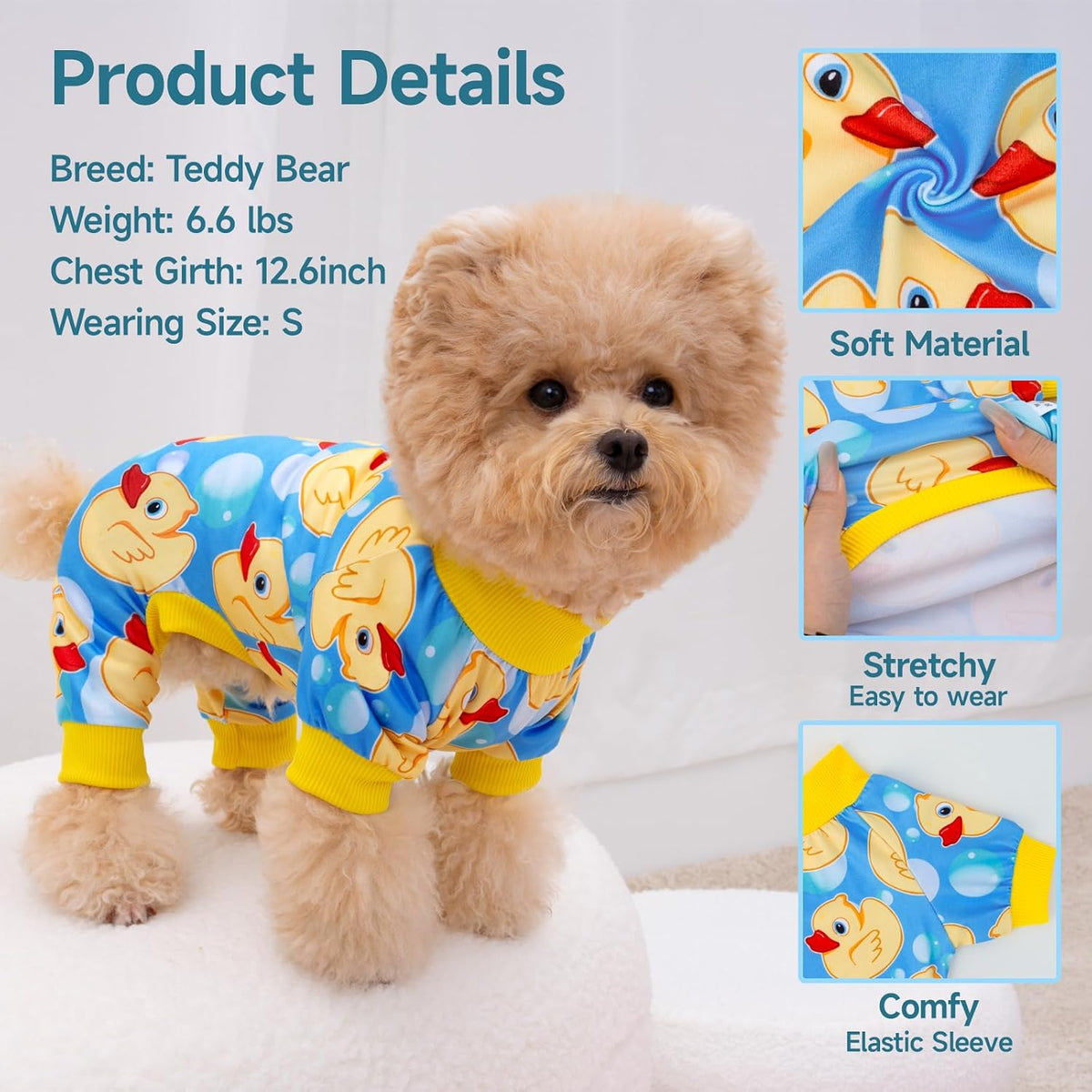 XPUDAC small pet onesies displayed in a set of four assorted cartoon prints