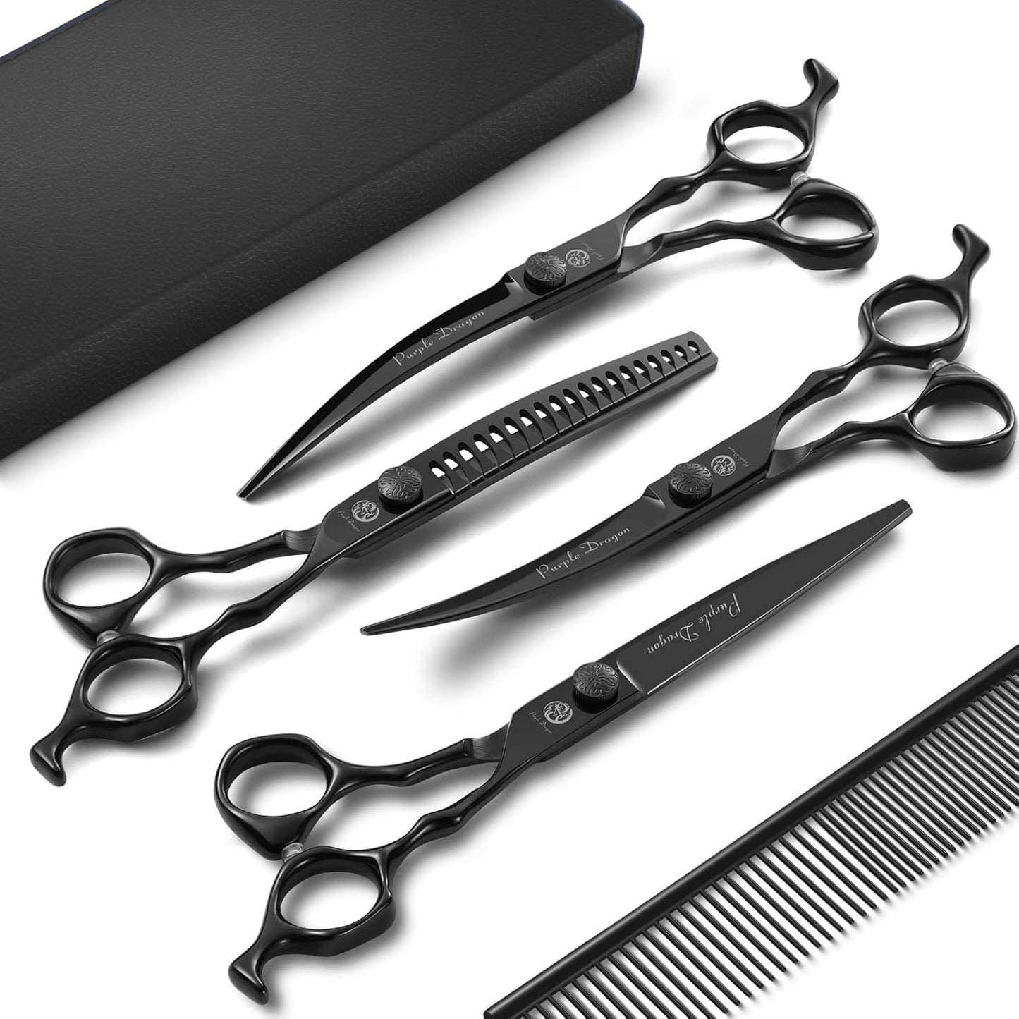 Purple Dragon Dog Grooming Scissors Set - Curved Thinning, Straight, Up & Down Curved Scissors and Comb, 7 Inch Black Shears with Adjustable Screw for Dogs and Cats - Image 9