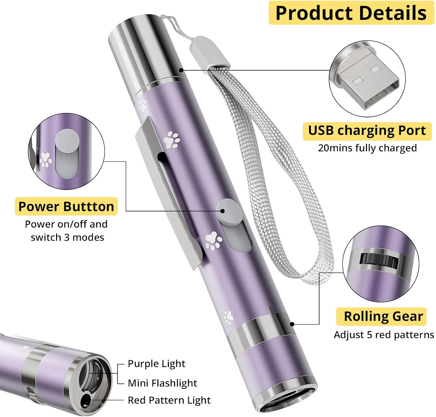 OUMSIS rechargeable laser pointer showing the five adjustable light patterns on a wall.