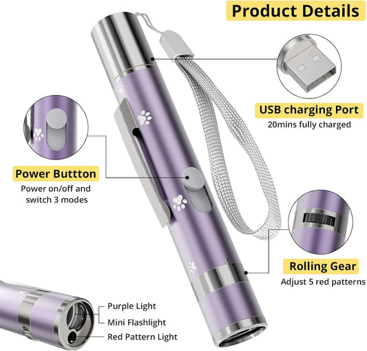 OUMSIS rechargeable laser pointer showing the five adjustable light patterns on a wall.