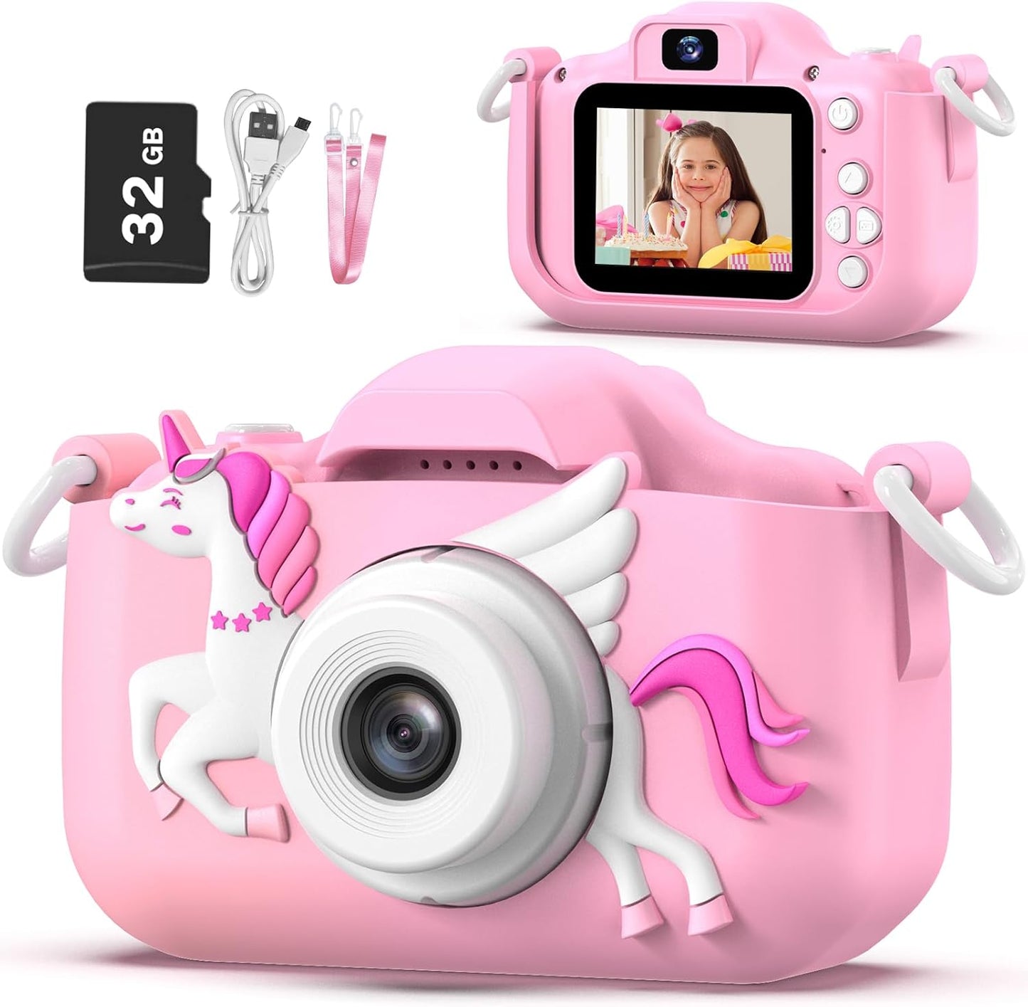 OUTUVAS Unicorn Kids Digital Camera front view showing pink three dimensional unicorn protective silicone case design