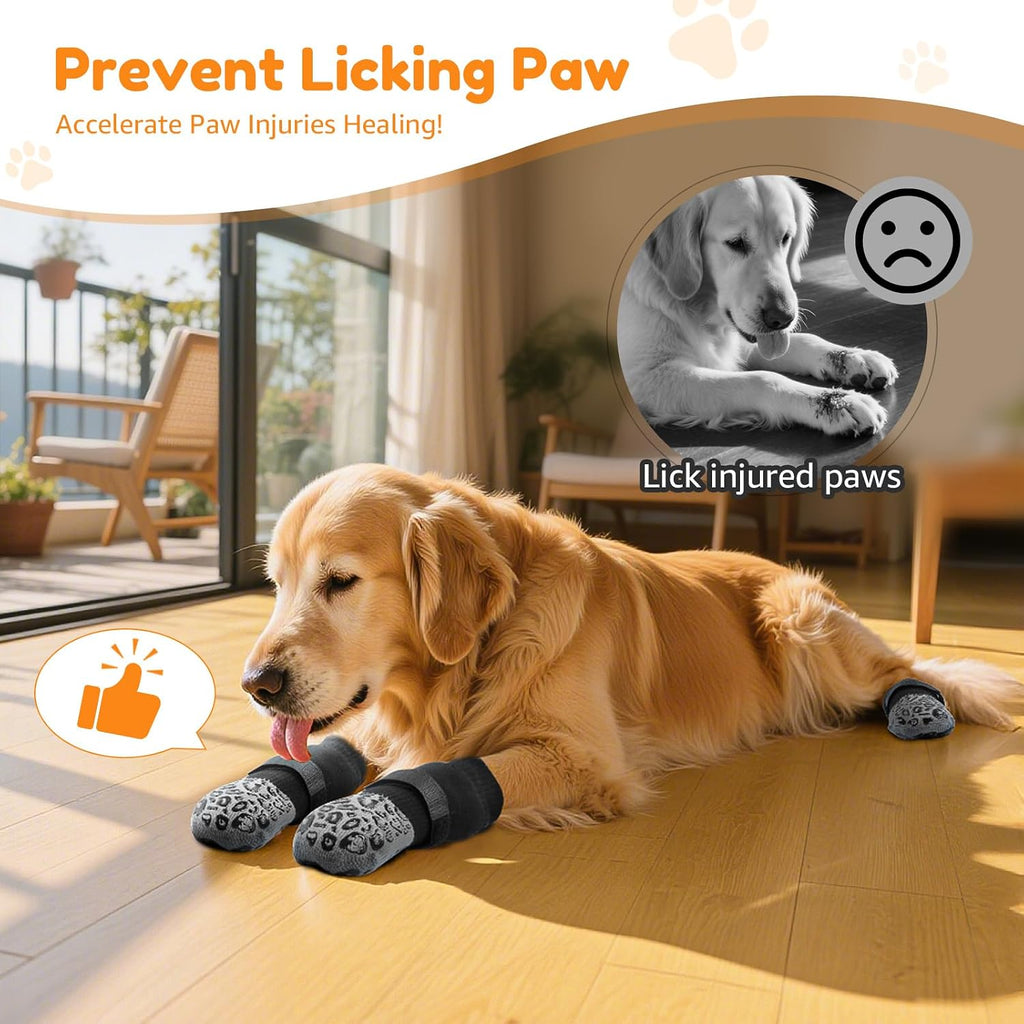Side profile of dog wearing Pick For Life socks with straps