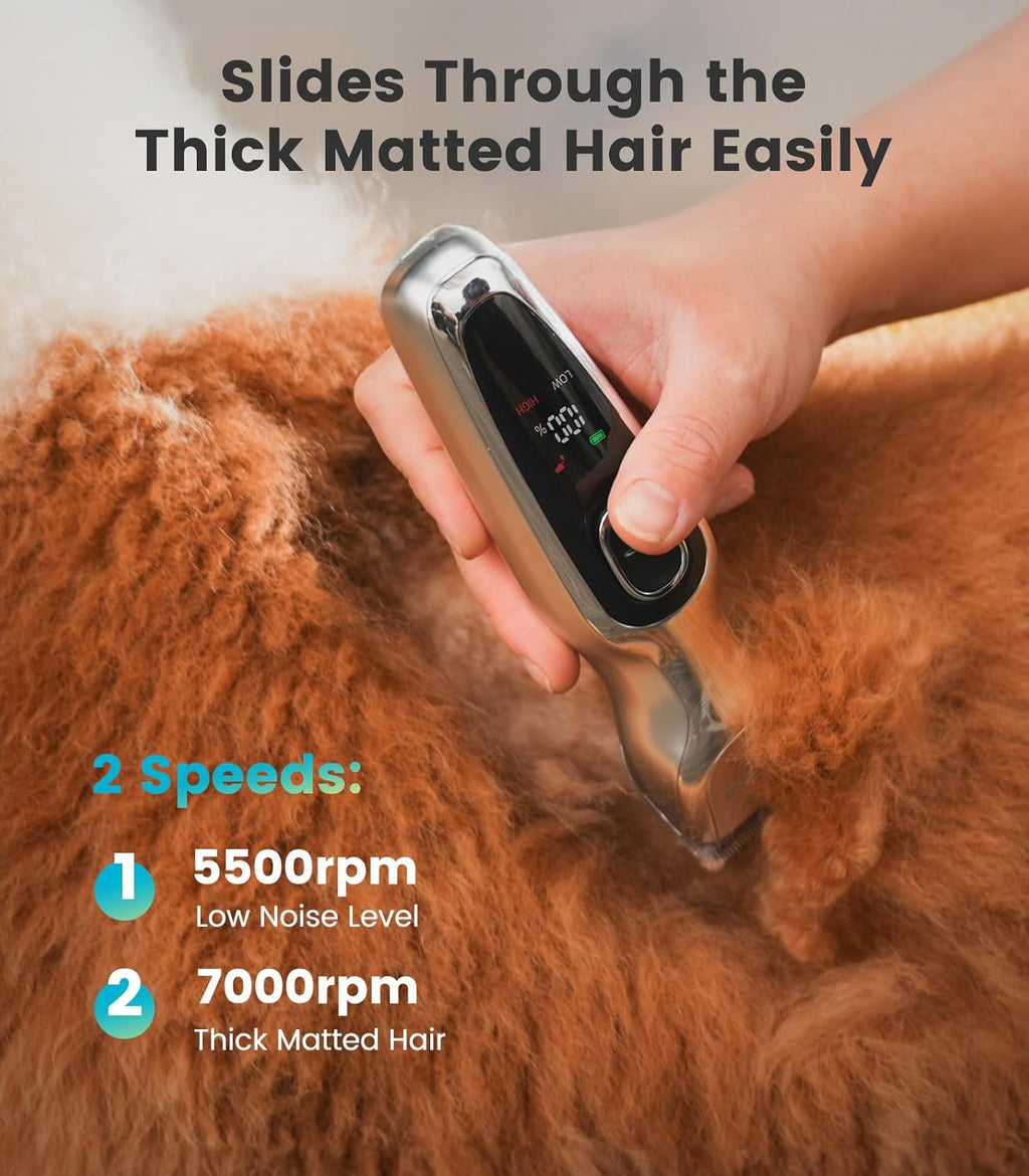 Heavy duty pet hair trimmer with detachable stainless steel blades for thick coats.