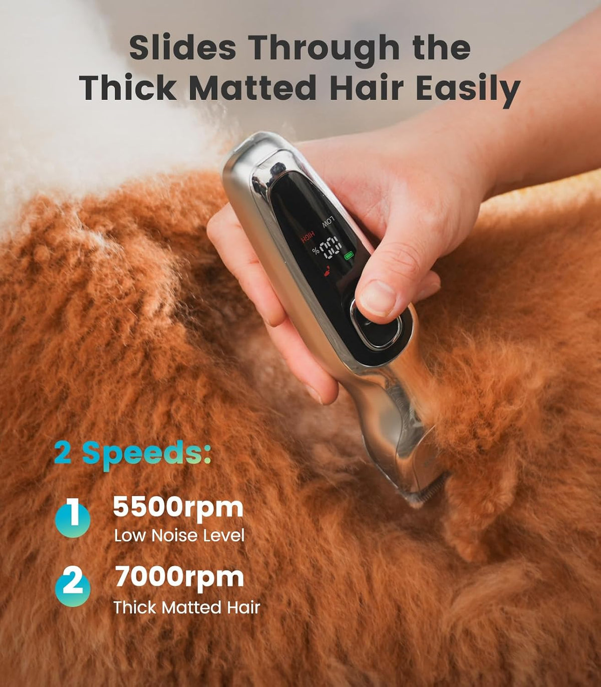 Heavy duty pet hair trimmer with detachable stainless steel blades for thick coats.