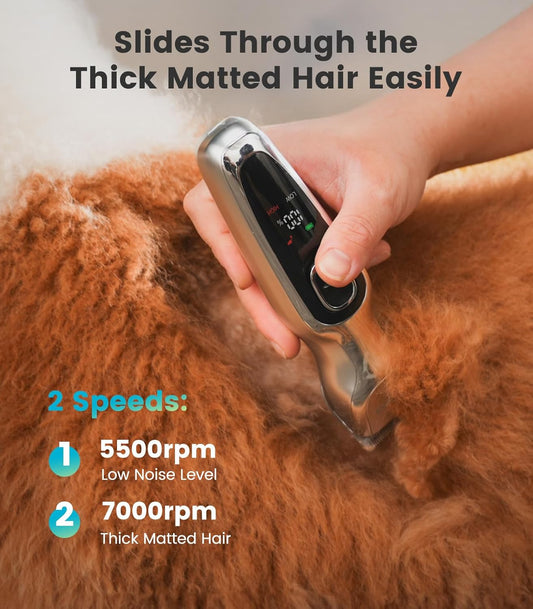 Heavy duty pet hair trimmer with detachable stainless steel blades for thick coats.