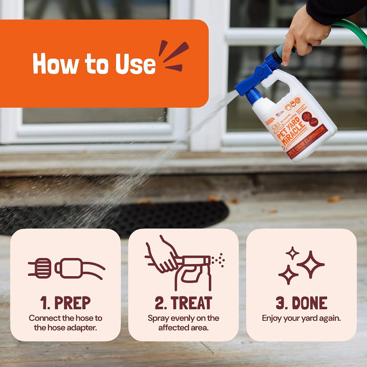 Back label of Sunny & Honey outdoor turf cleaner with usage instructions