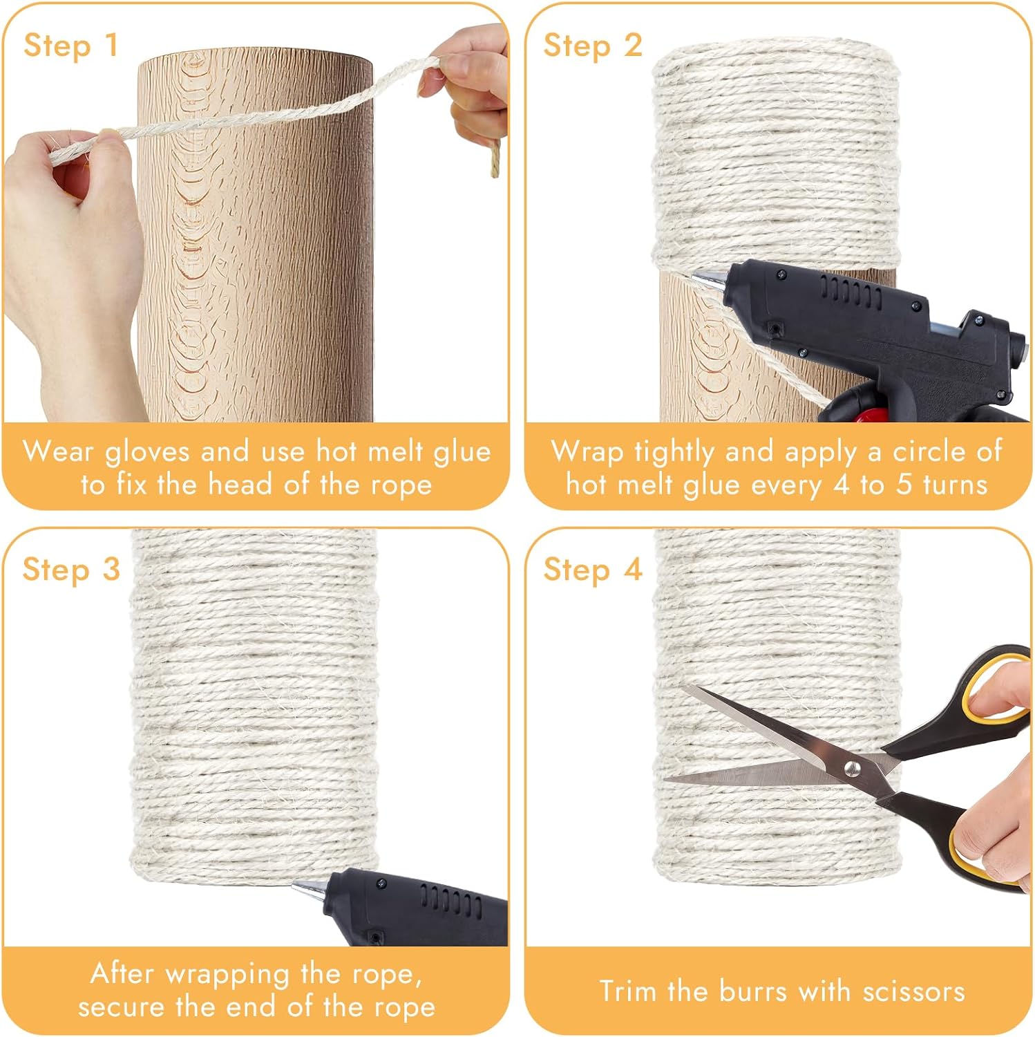Steps for wrapping sisal rope around cat scratching post