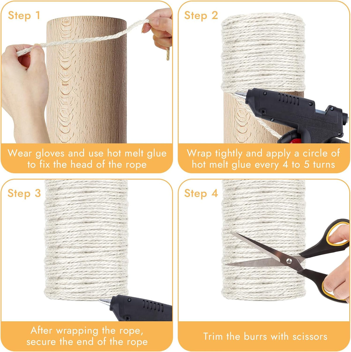 Steps for wrapping sisal rope around cat scratching post