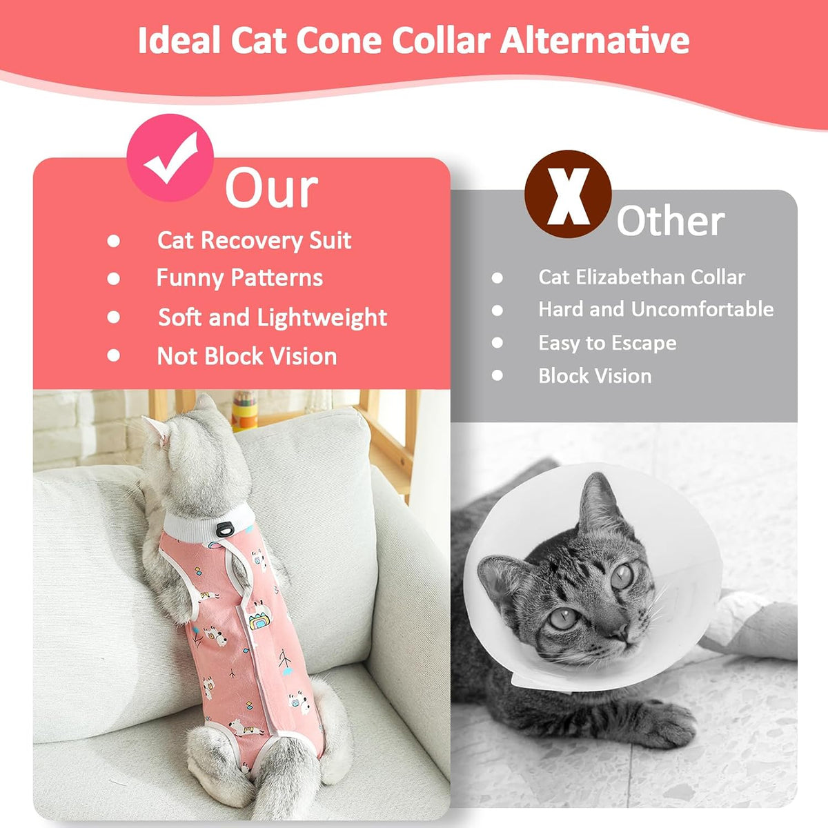 Two piece cat recovery suit set displayed on flat surface