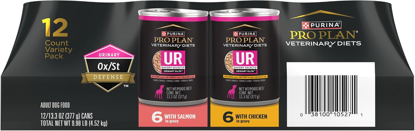 Twelve pack case of Purina Pro Plan Veterinary Diets UR Savory Selects canine wet food.