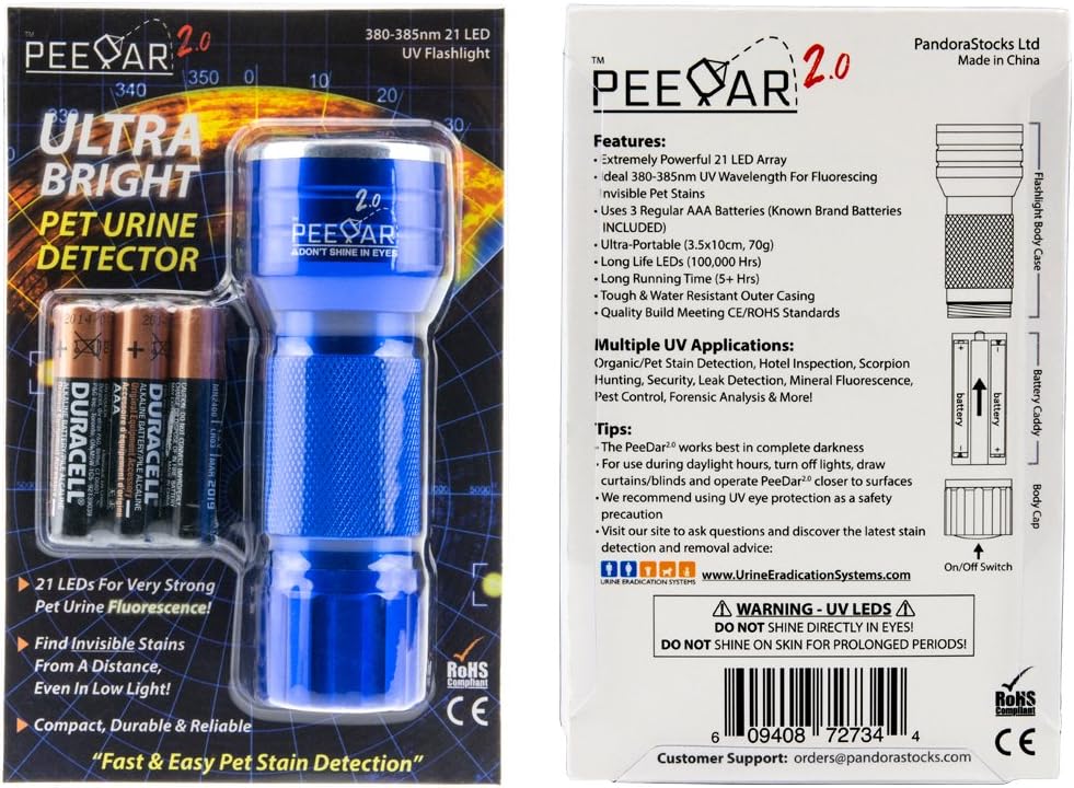 PeeDar 2.0 black light flashlight illuminating dry pet stains on carpet