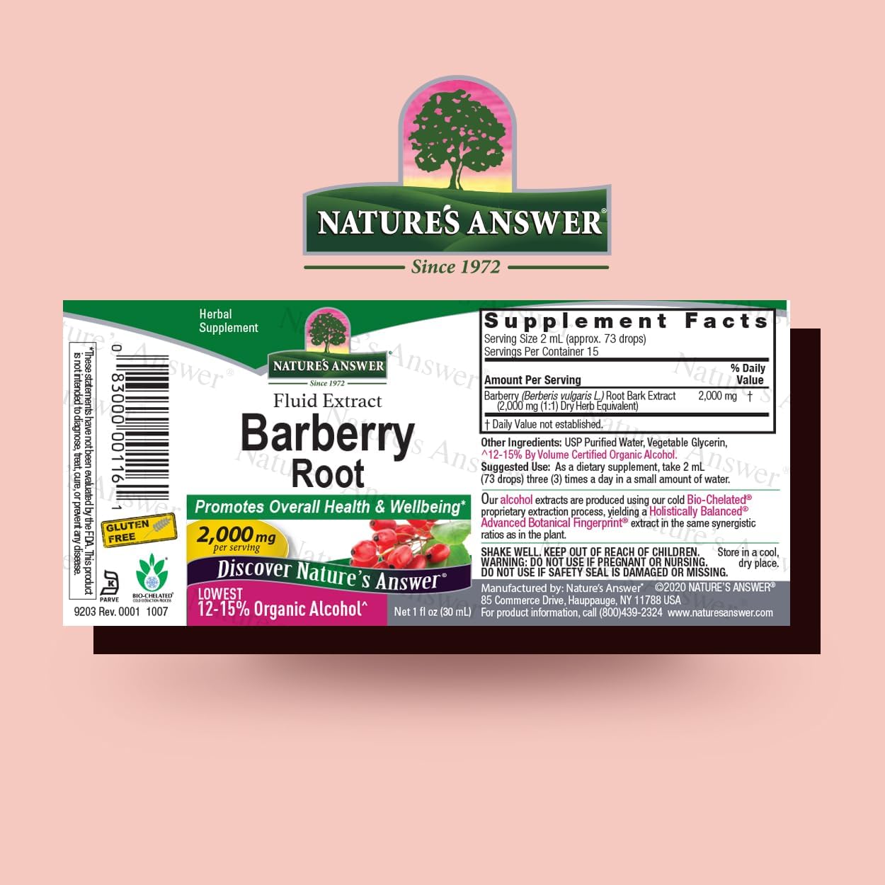 Organic barberry root herbal supplement bottle label showing 2000 mg concentration
