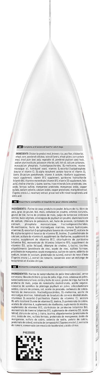 Royal Canin canine high fiber formula dry food packaging showing nutritional values for adult dogs