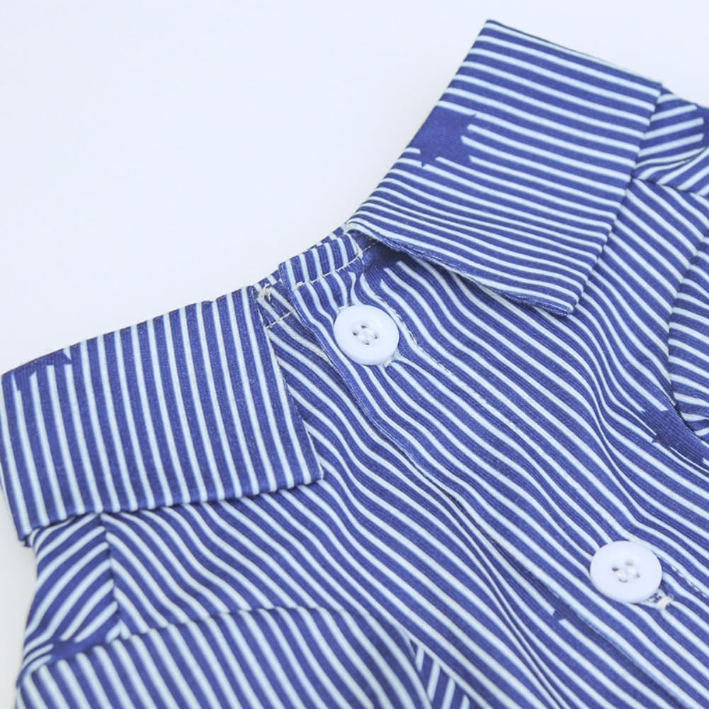 Blue tropical puppy beach shirt detail view