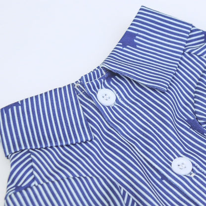 Blue tropical puppy beach shirt detail view