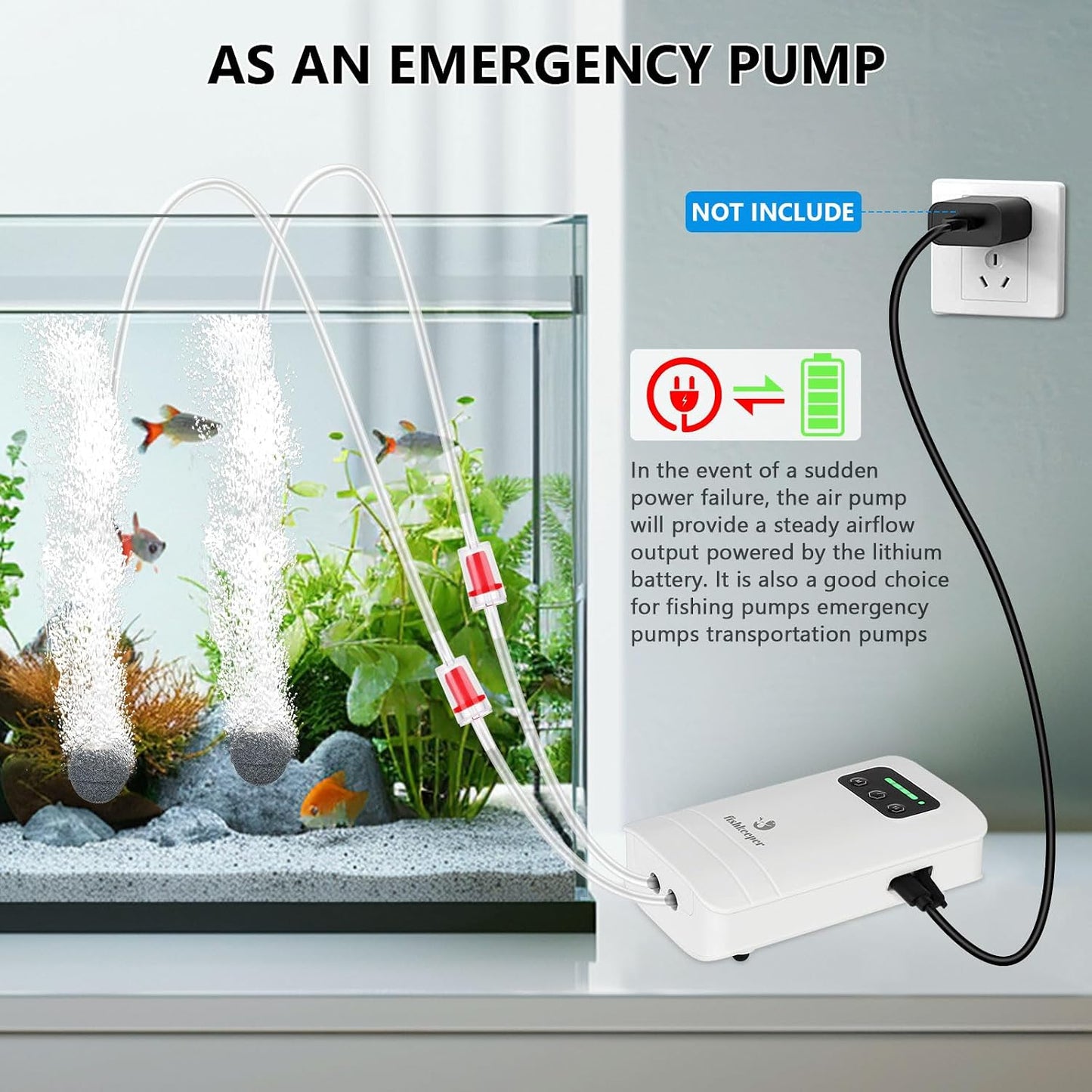 Fishkeeper air pump showing digital control panel and flow settings