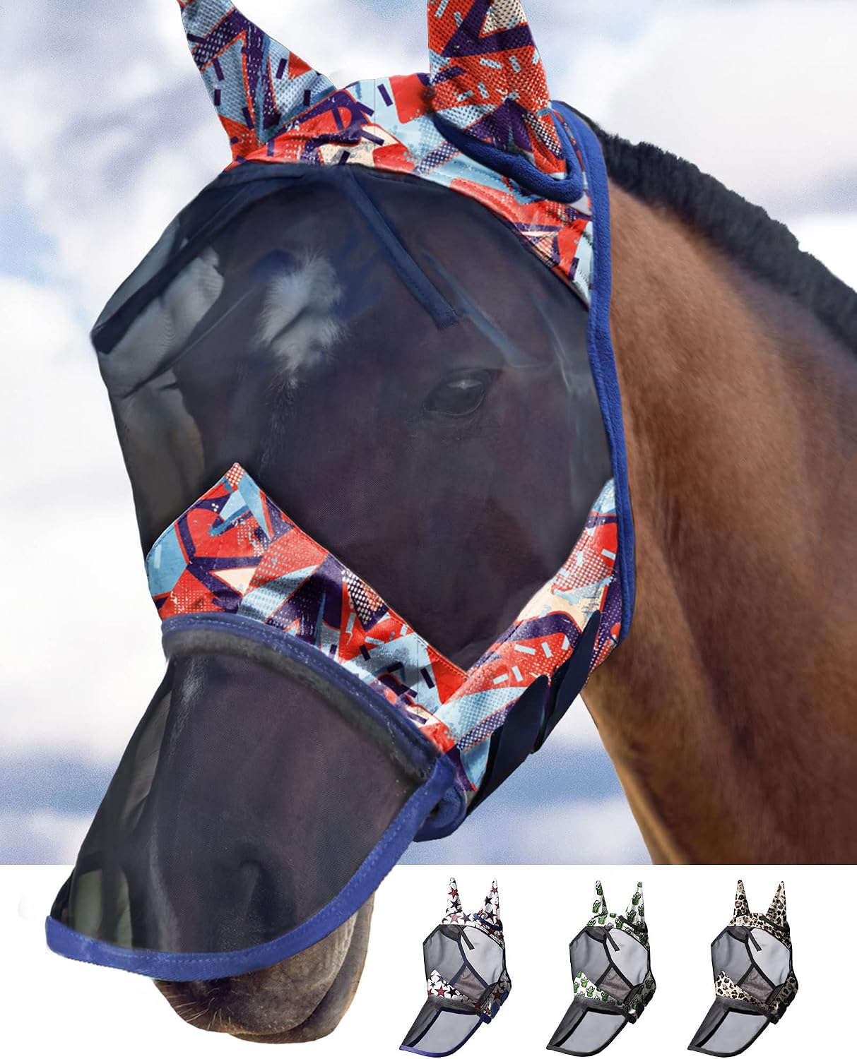 Harrison Howard LumiVista Horse Fly Mask Long Nose with Ears UV Protection for Horse Leopard Print M Cob - Image 10