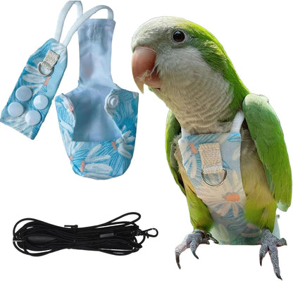 Generic snap closure parrot diaper flight suit front view with blue daisy pattern layout.