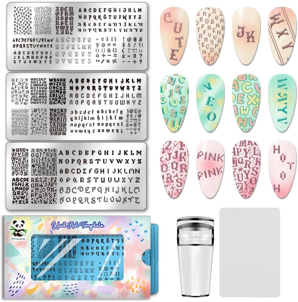PH PandaHall English Letter Nail Stamping Plates front view showcasing diverse alphabet fonts for custom manicures.